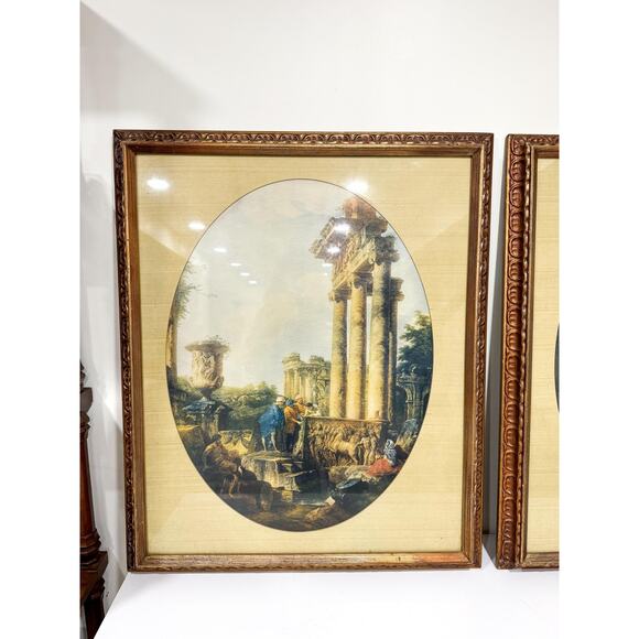 Set of Two Antique Lithograph framed and matted Oval Roman style columns - Picture 2 of 10